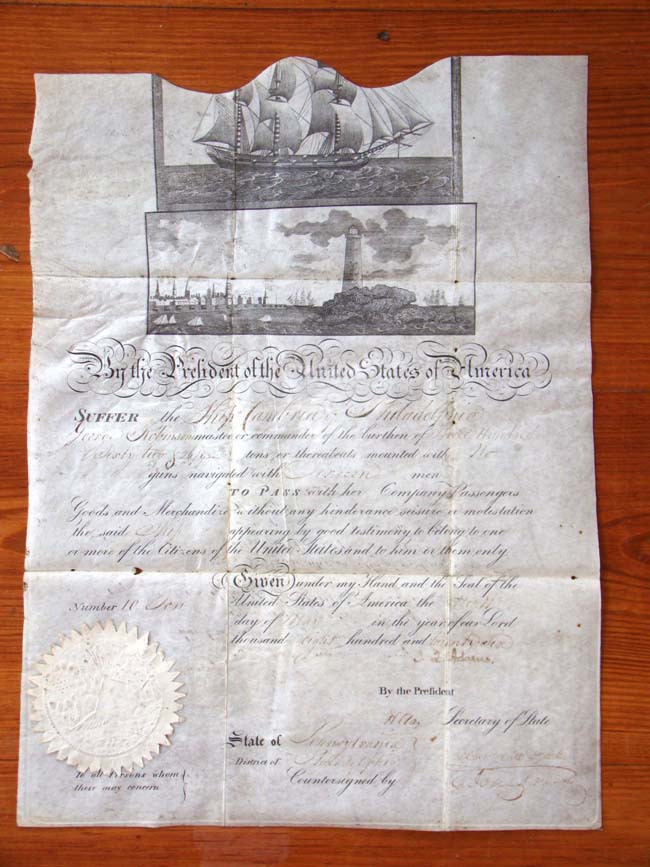 A rare President JOHN QUINCY ADAMS signed ships passsport dated May 4, 1826